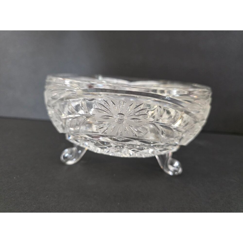 Vintage Clear Footed Cut Glass Bowl With Floral & Geometric Design - 6.25"